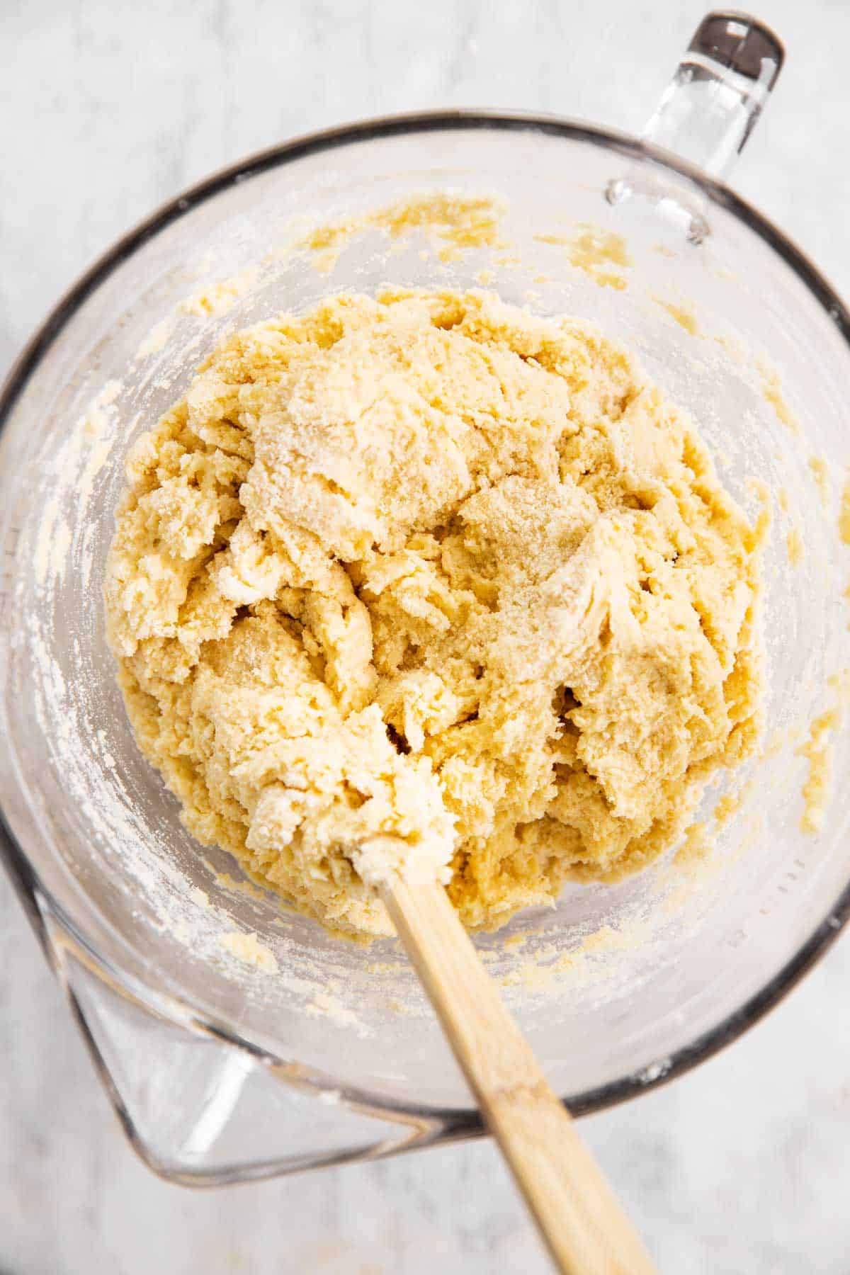 dough for shortcake biscuits in glass bowl