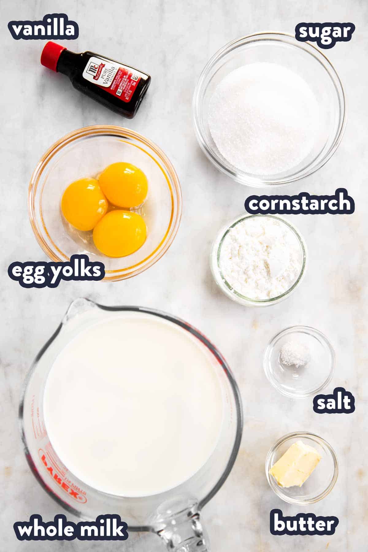 ingredients for homemade vanilla pudding with text labels
