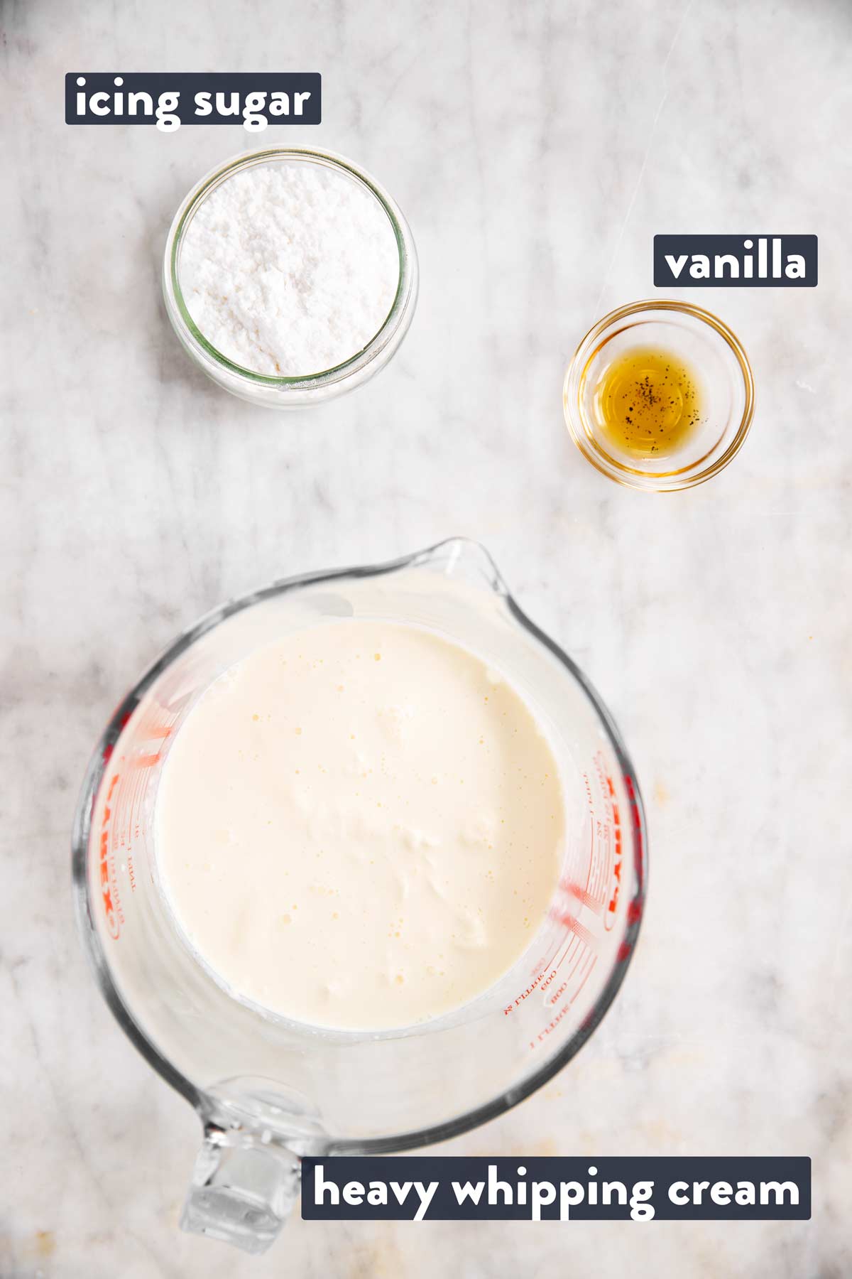 ingredients for homemade whipped cream with text labels