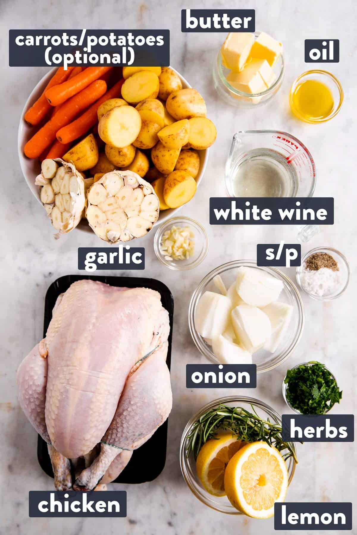 ingredients for whole roasted chicken with text labels