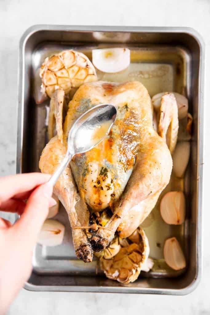 female hand basting a whole chicken with pan juices