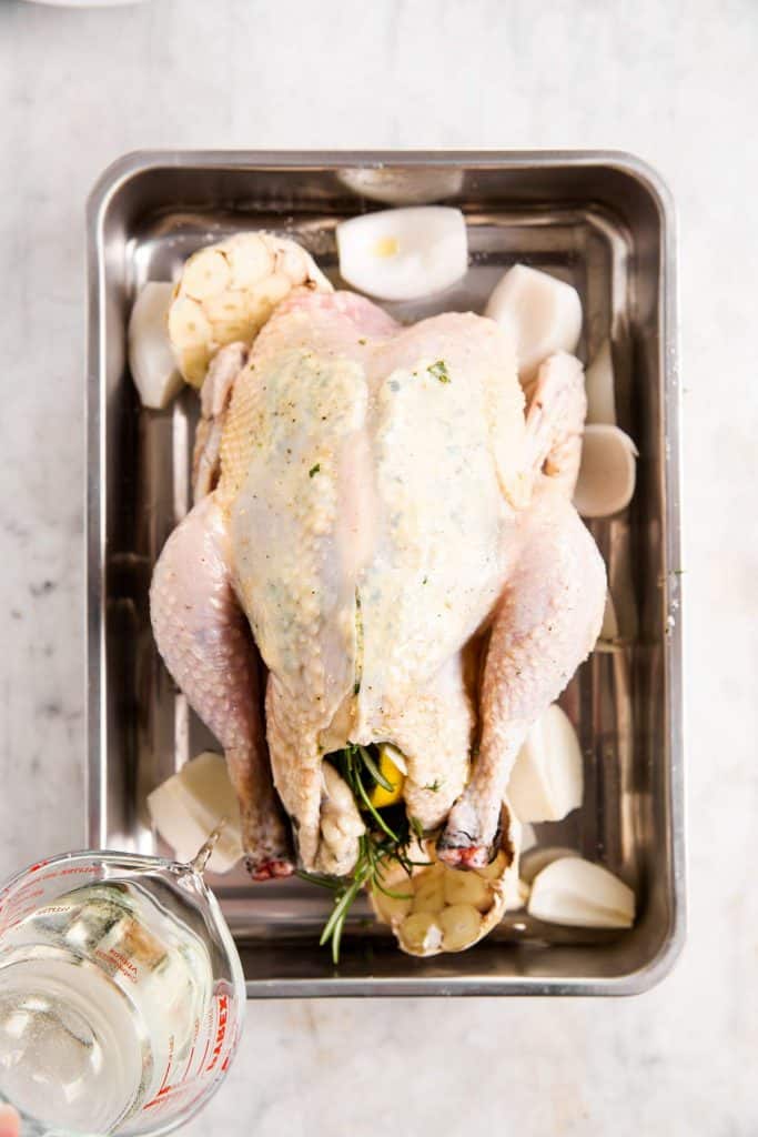 whole raw chicken with lemon and herbs in cavity and garlic butter under skin in roasting pan with onion and white wine