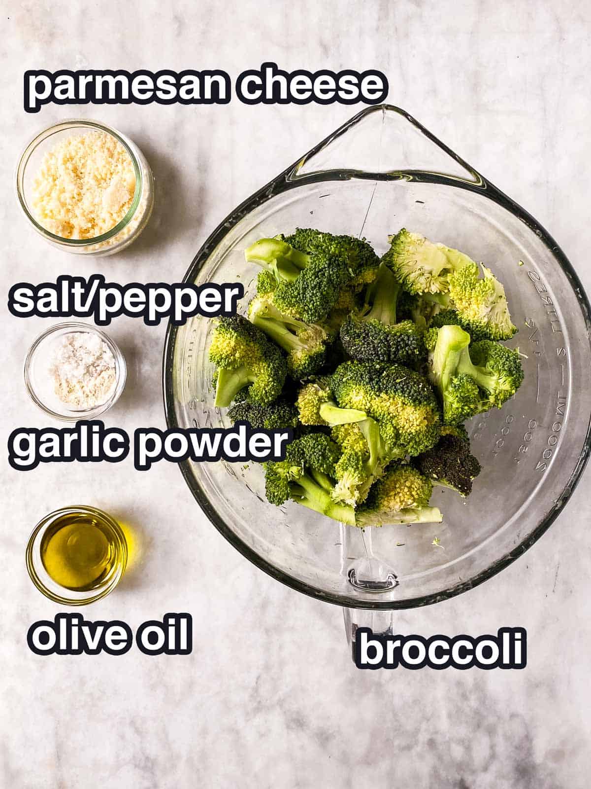 ingredients for air fryer broccoli with text labels