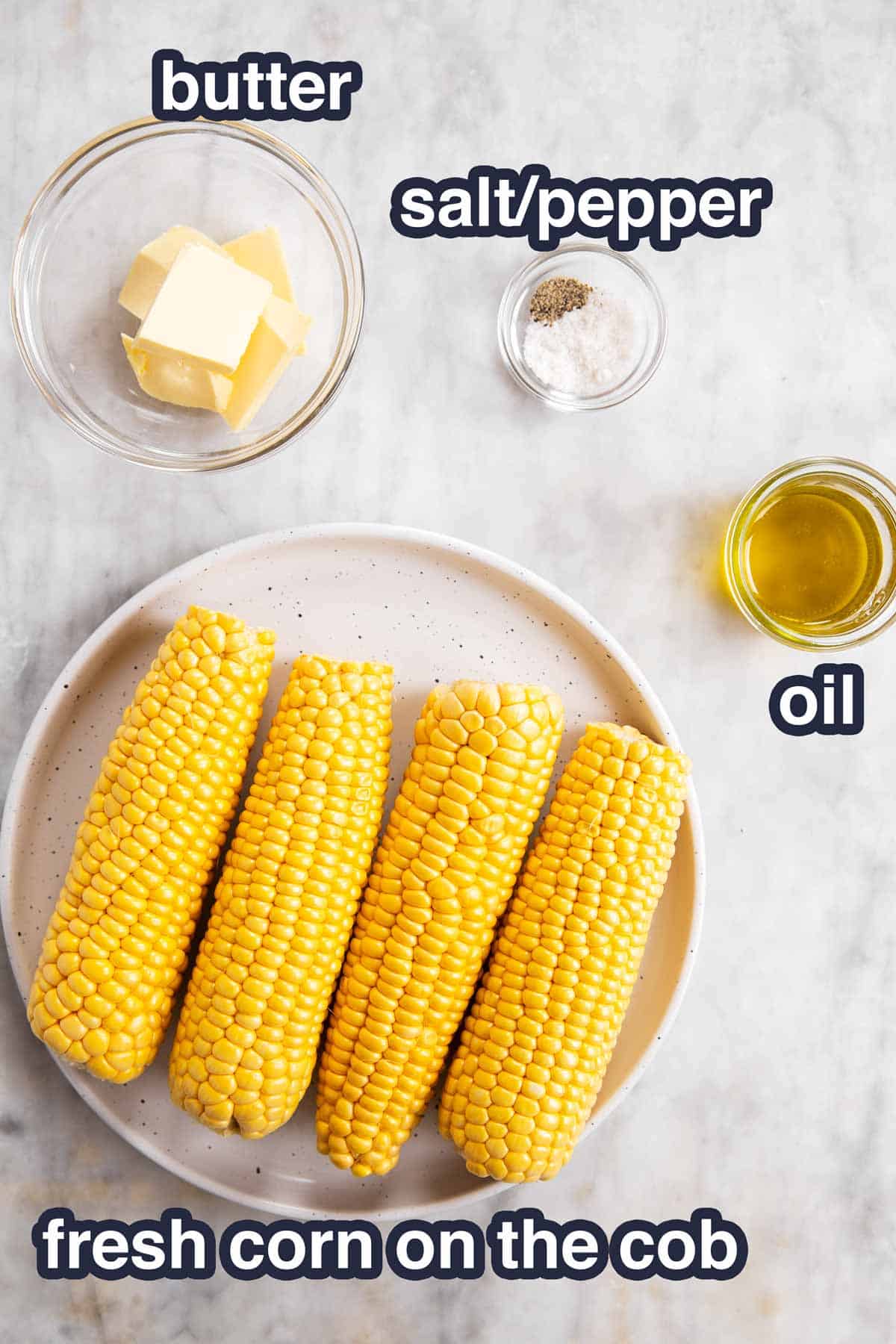 ingredients for air fryer corn on the cob with text labels