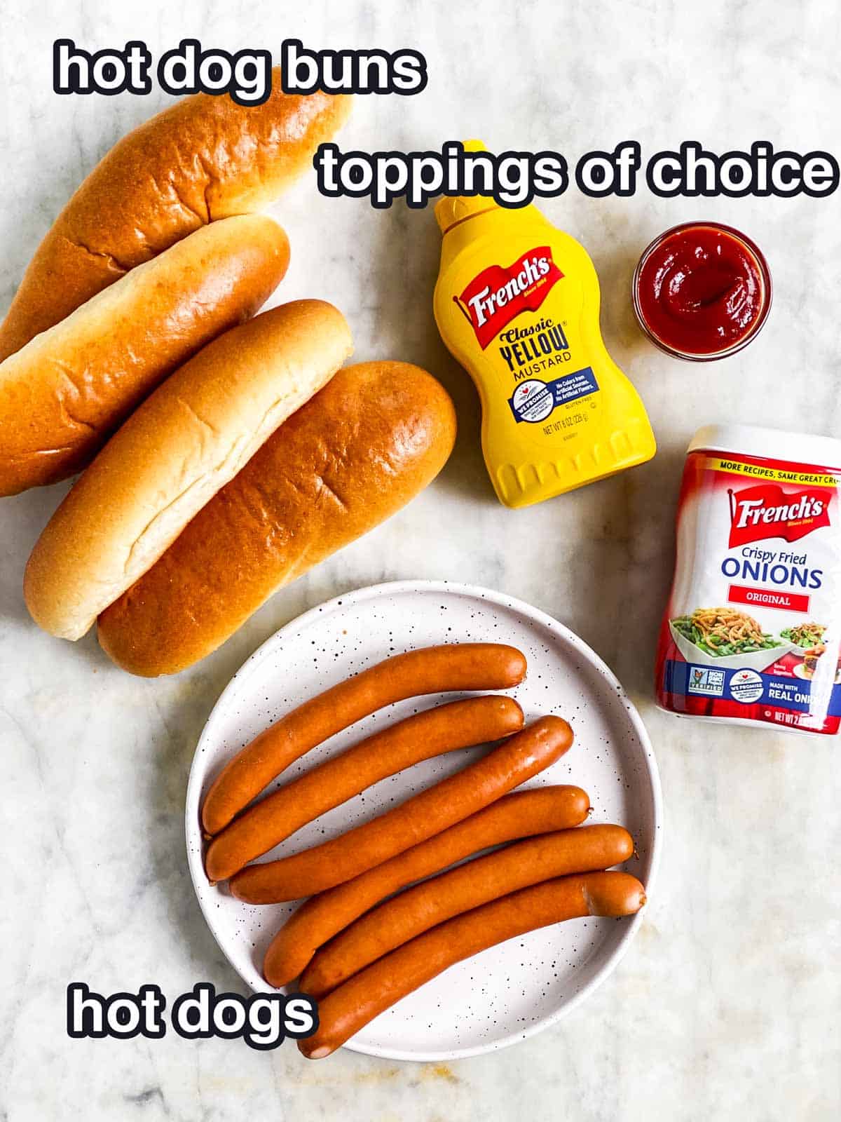 ingredients for air fryer hot dogs with text labels