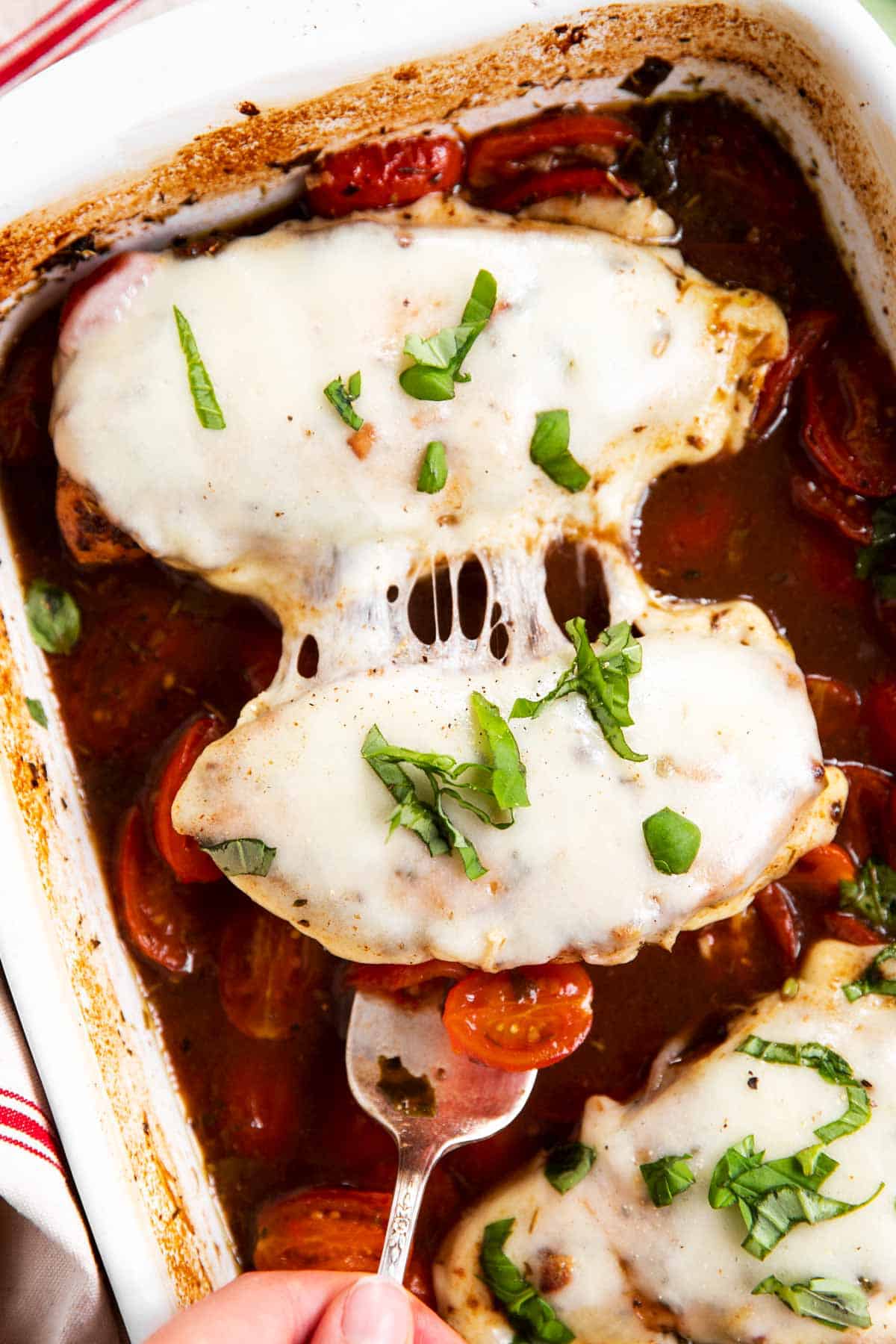 close up photo of baked caprese chicken, one chicken breast being pulled away with serving fork