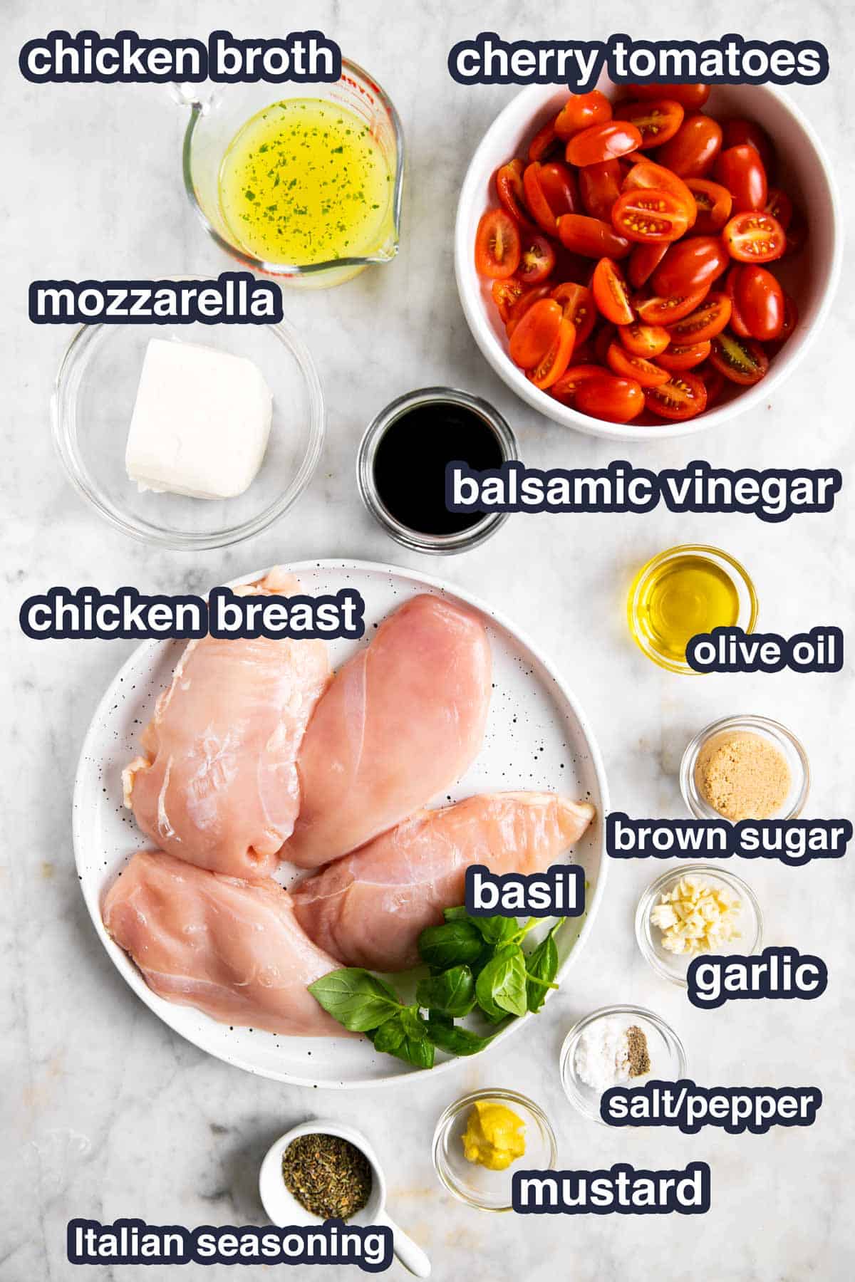 ingredients for baked caprese chicken with text labels