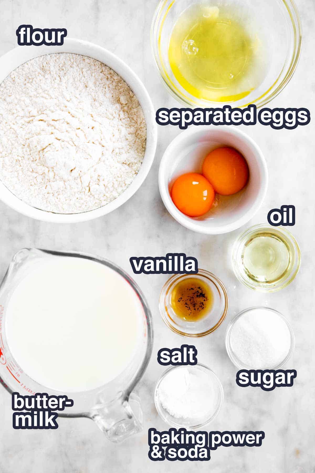 ingredients for buttermilk pancakes with text labels