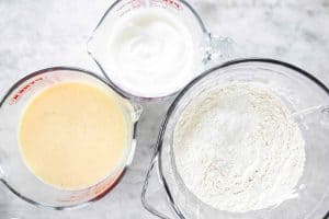ingredients for buttermilk pancakes combined in separate bowls