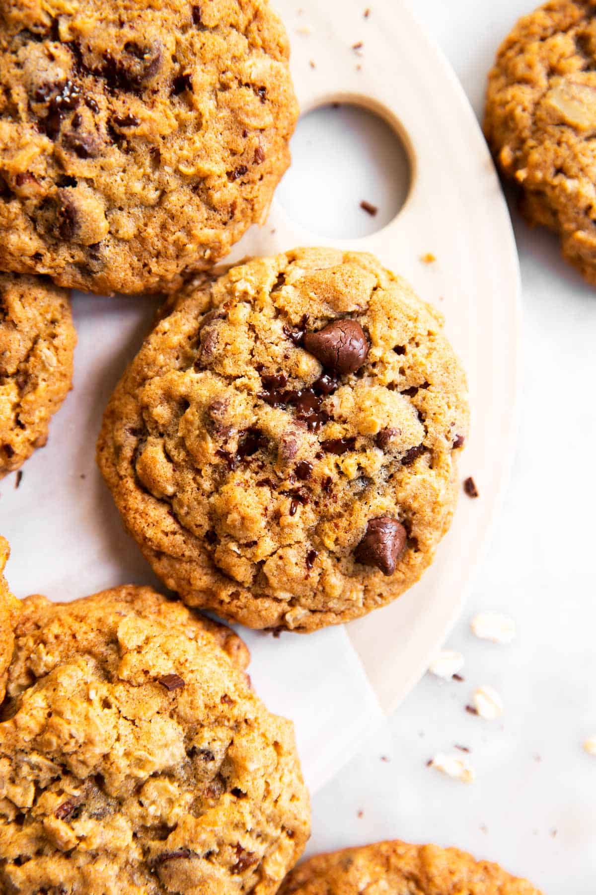 overhead view of chocolate chip oatmeal cookies on serving platter