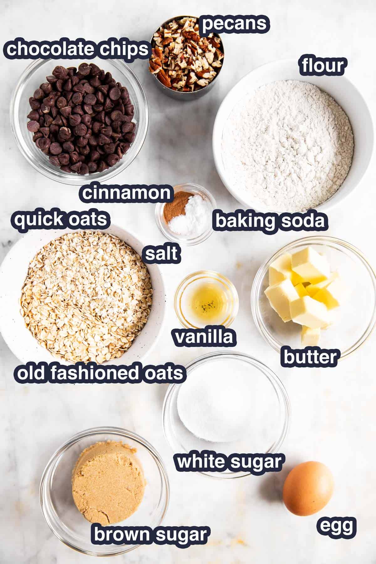 ingredients for chocolate chip oatmeal cookies with text labels