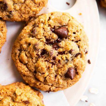 overhead view of chocolate chip oatmeal cookies on serving platter