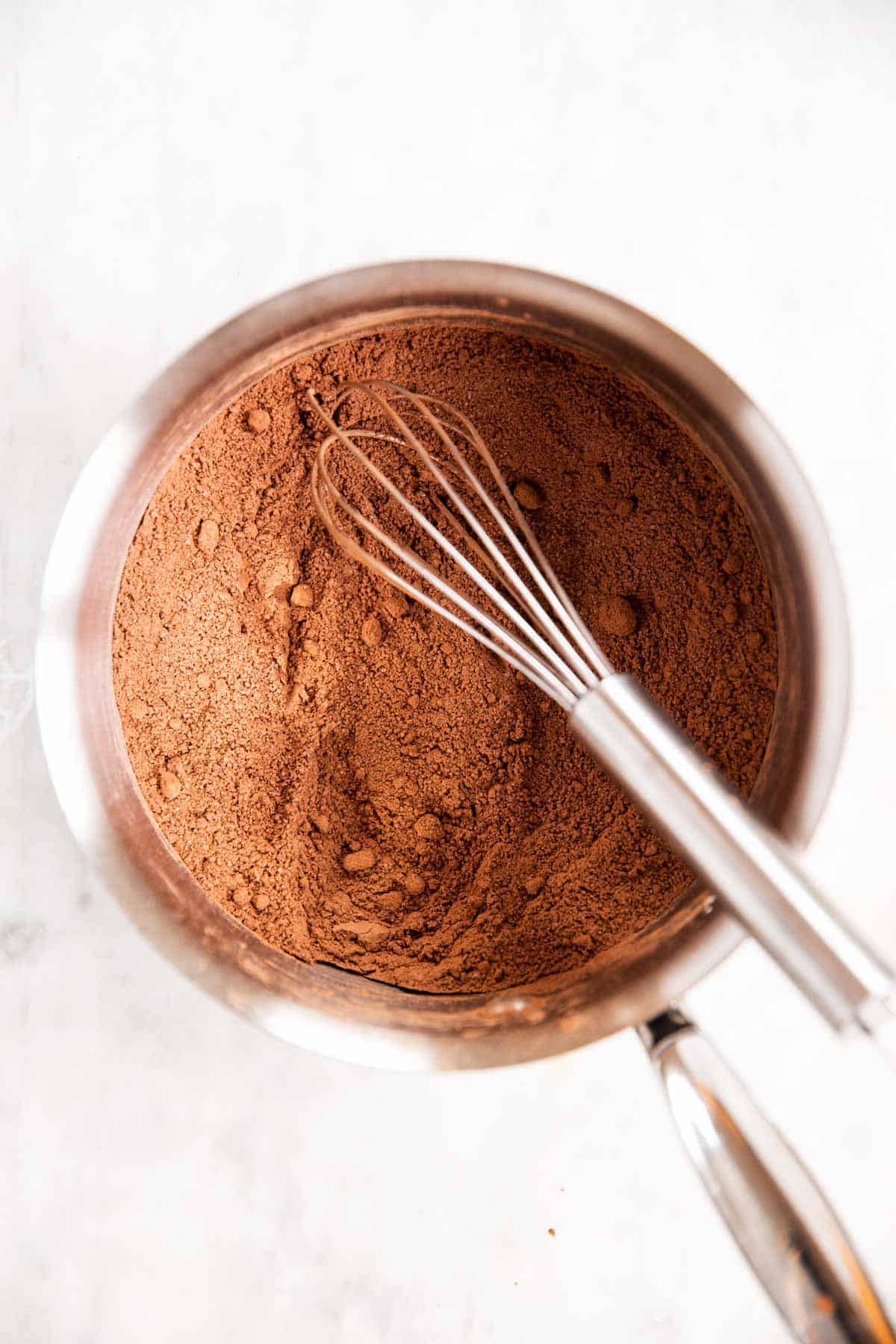 dry ingredients for chocolate pudding in saucepan with wire whisk