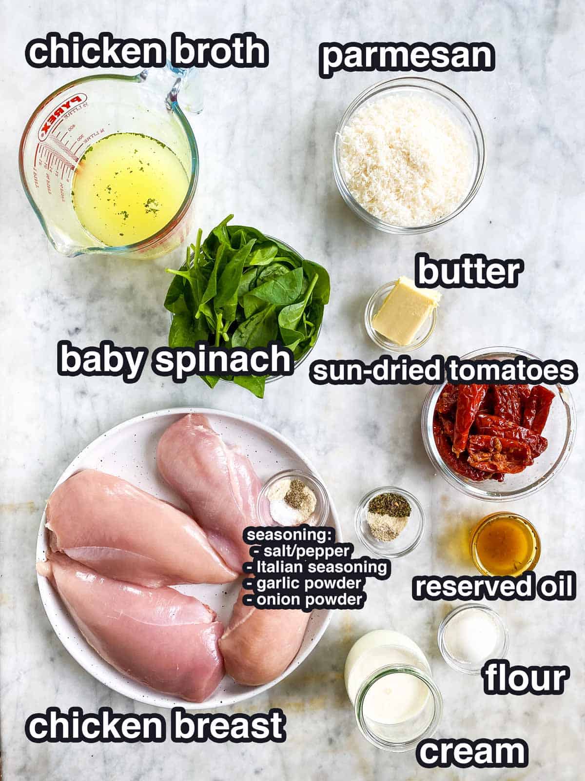 ingredients for creamy tuscan chicken with text labels