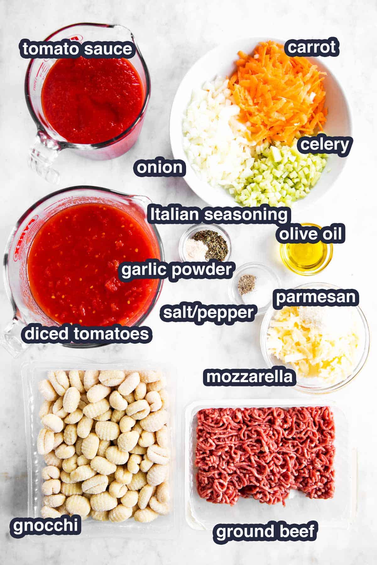 ingredients for gnocchi bake with text labels