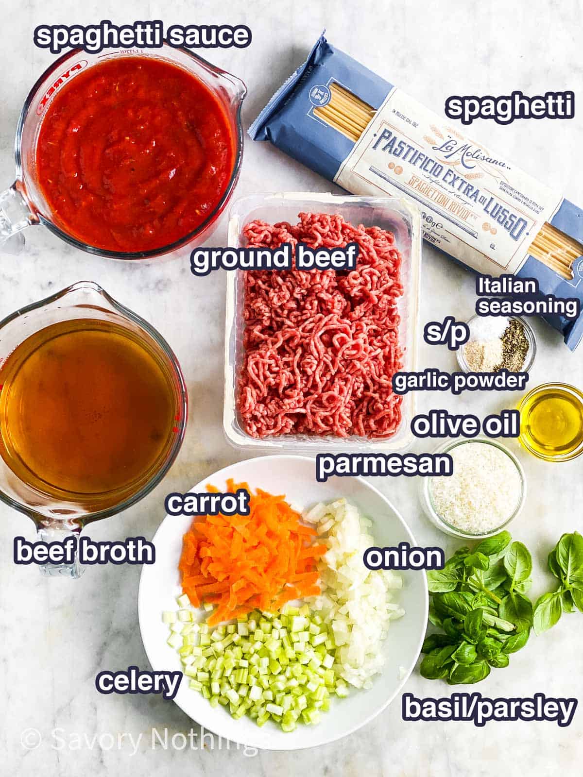 ingredients for instant pot spaghetti with text labels