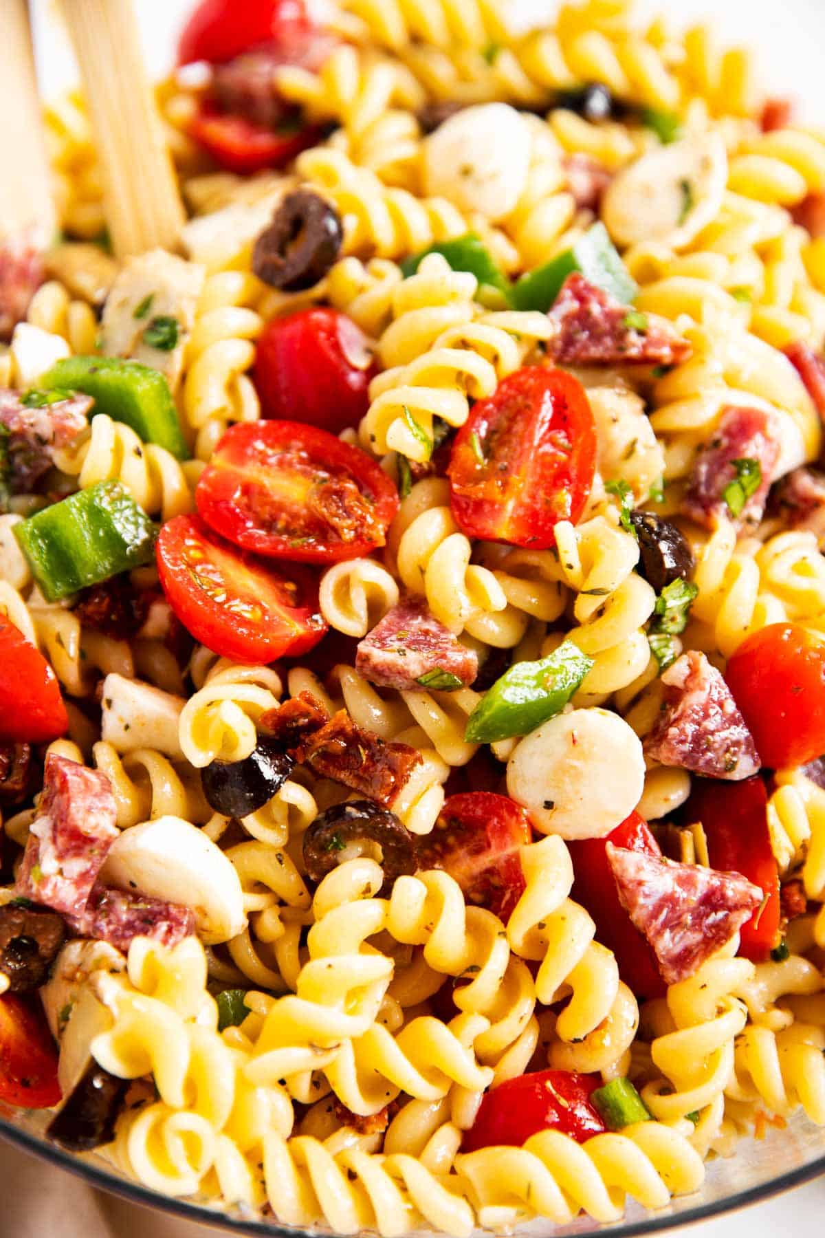 close up photo of Italian pasta salad