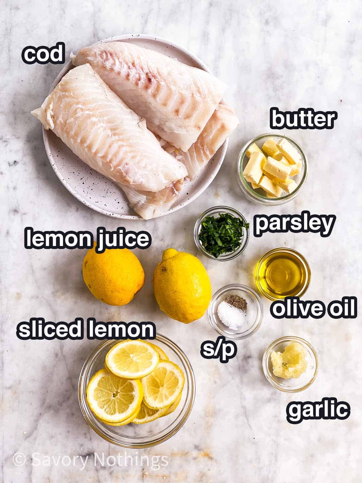 ingredients for garlic butter lemon baked cod with text labels