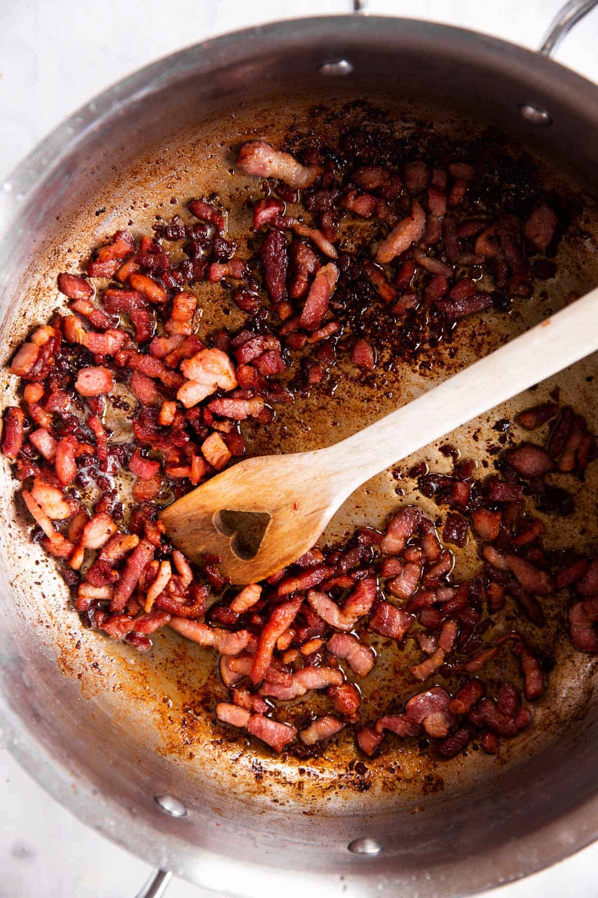 cooked lardons in stainless steel skillet