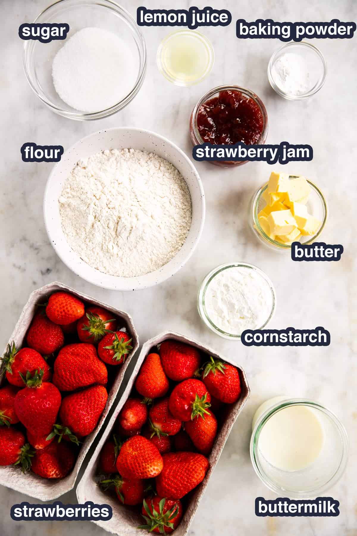 ingredients for strawberry cobbler with text labels