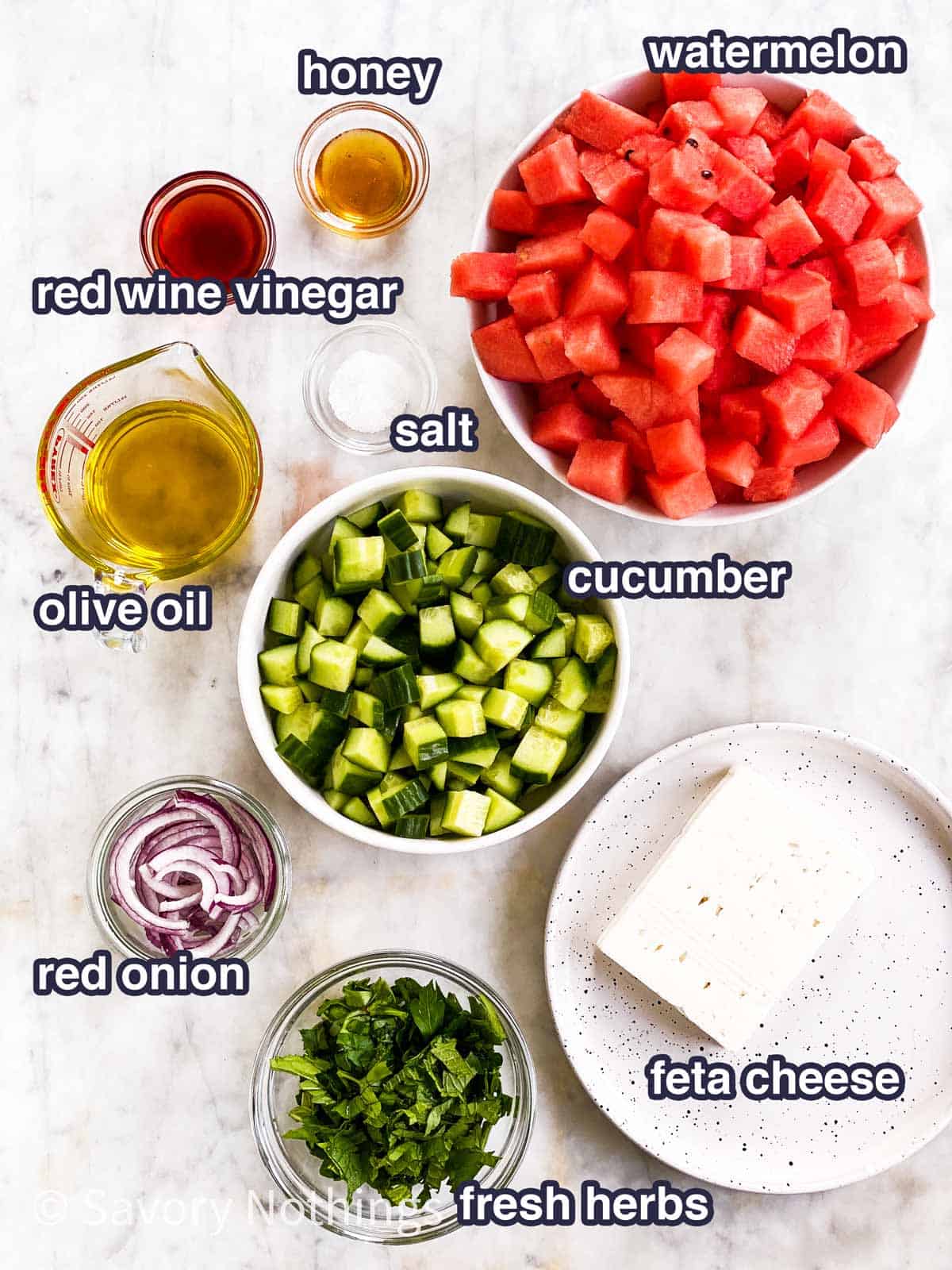 ingredients for watermelon salad with text labels