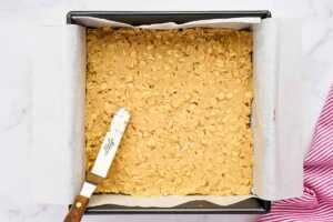Oatmeal cookie batter in pan.