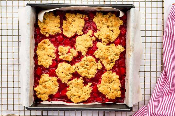 Pan of Strawberry Oatmeal Bars set on a wire rack.