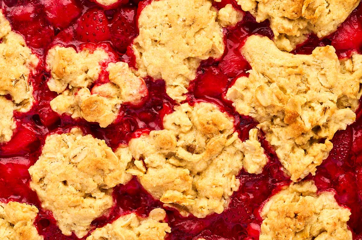 Close up view of baked Strawberry Oatmeal Bars before slicing.