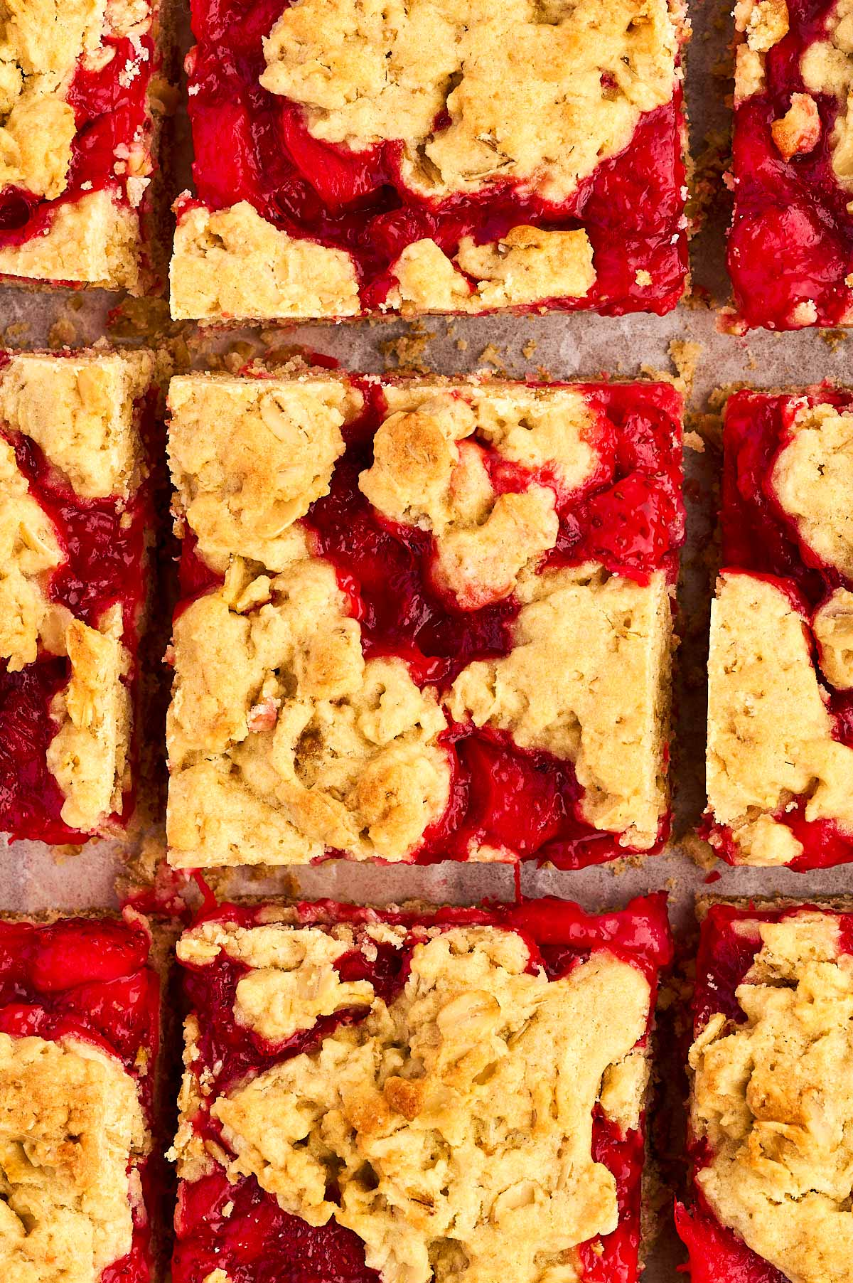 Close up view of sliced Strawberry Oatmeal Bars.