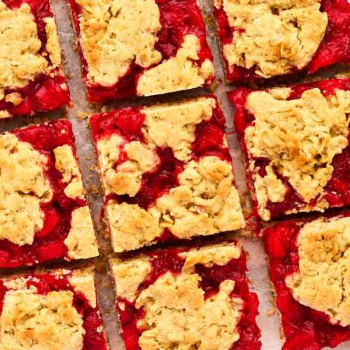 Close up view of sliced Strawberry Oatmeal Bars.
