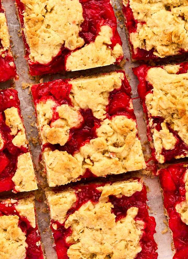 Close up view of sliced Strawberry Oatmeal Bars.