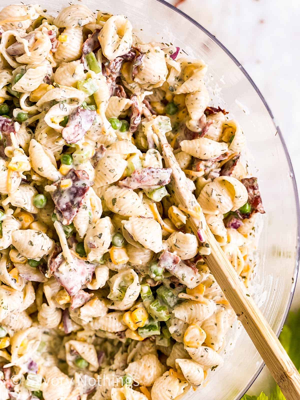 close up photo of bacon ranch pasta salad