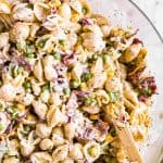 close up photo of bacon ranch pasta salad