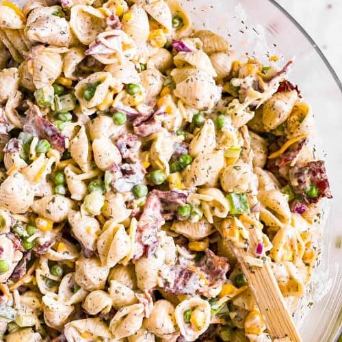 close up photo of bacon ranch pasta salad