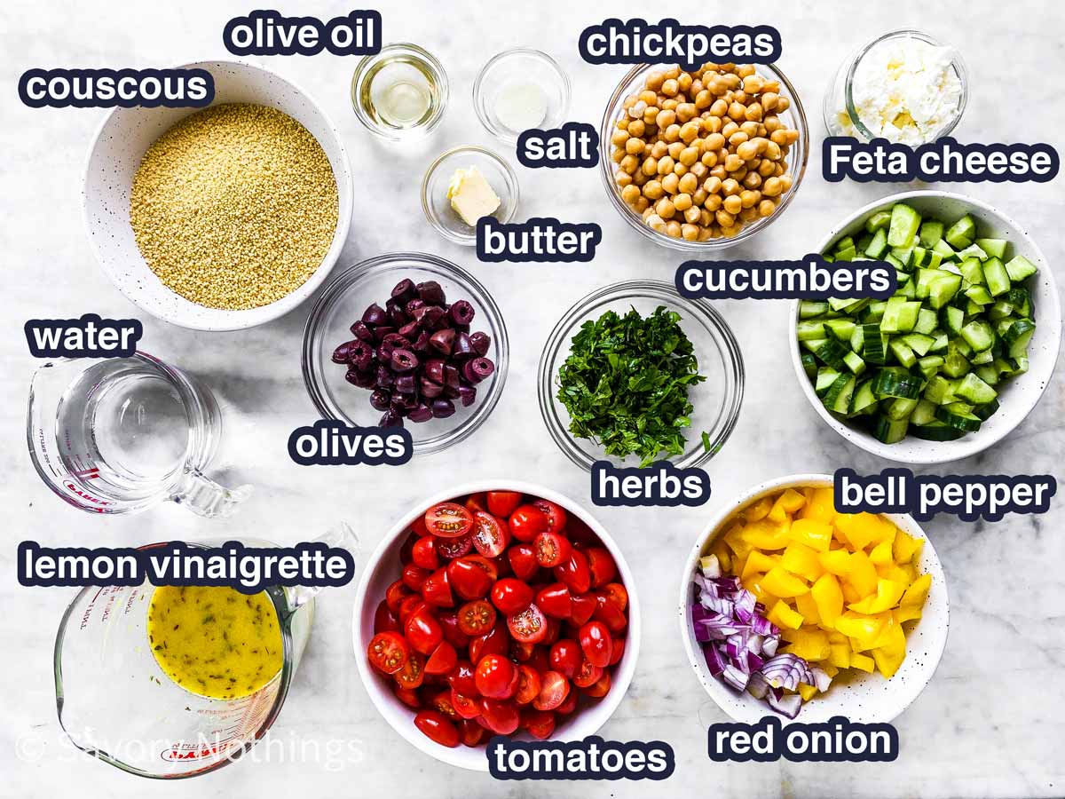 overhead view of ingredients for couscous salad with text labels