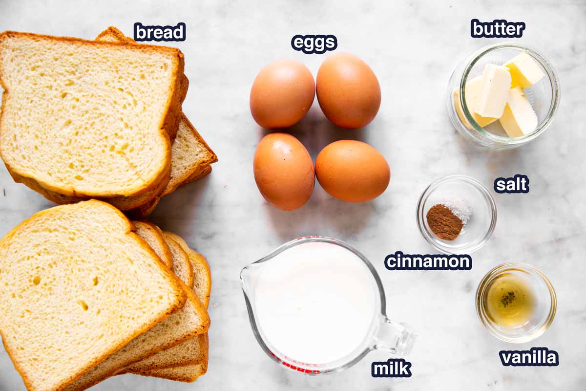 ingredients for easy French toast with text labels