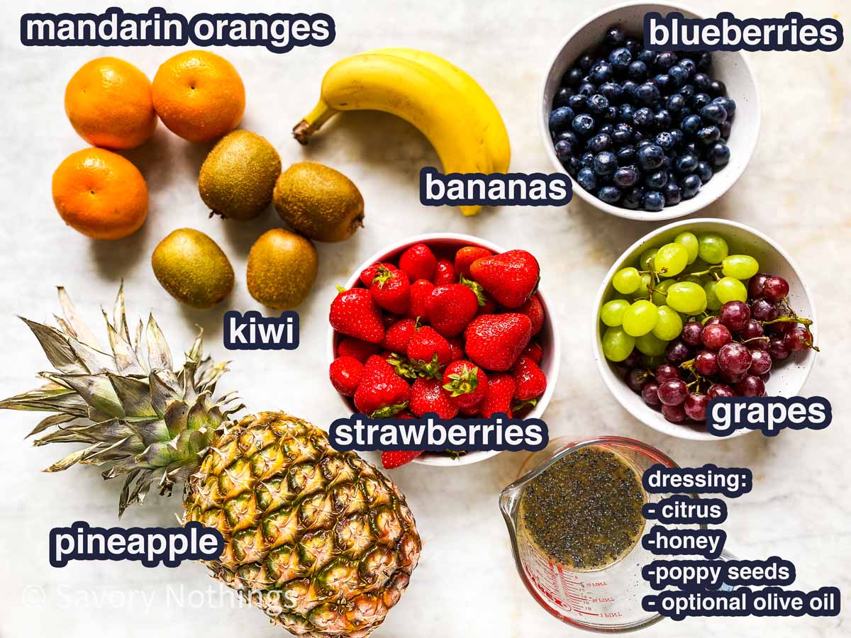 ingredients for fresh fruit salad with text labels