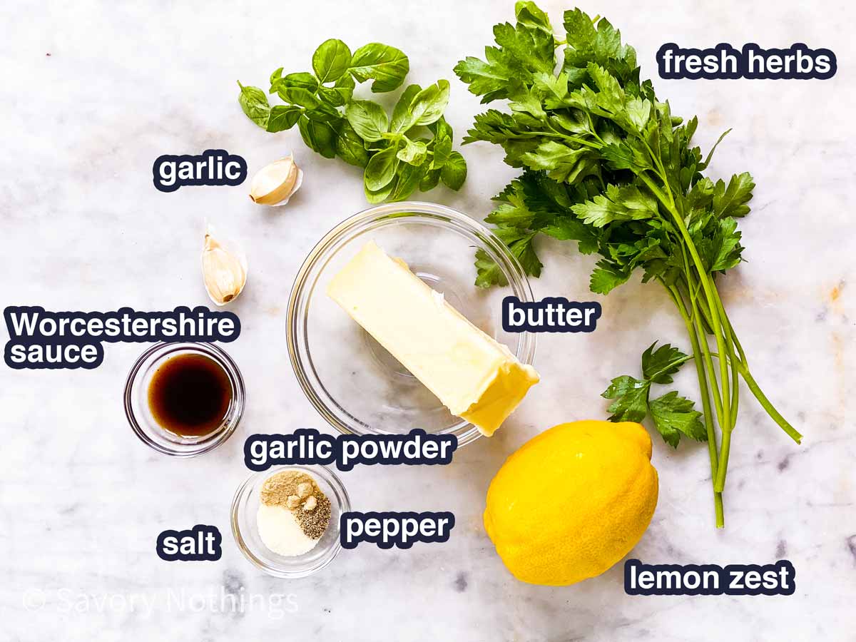 ingredients for garlic herb butter with text labels