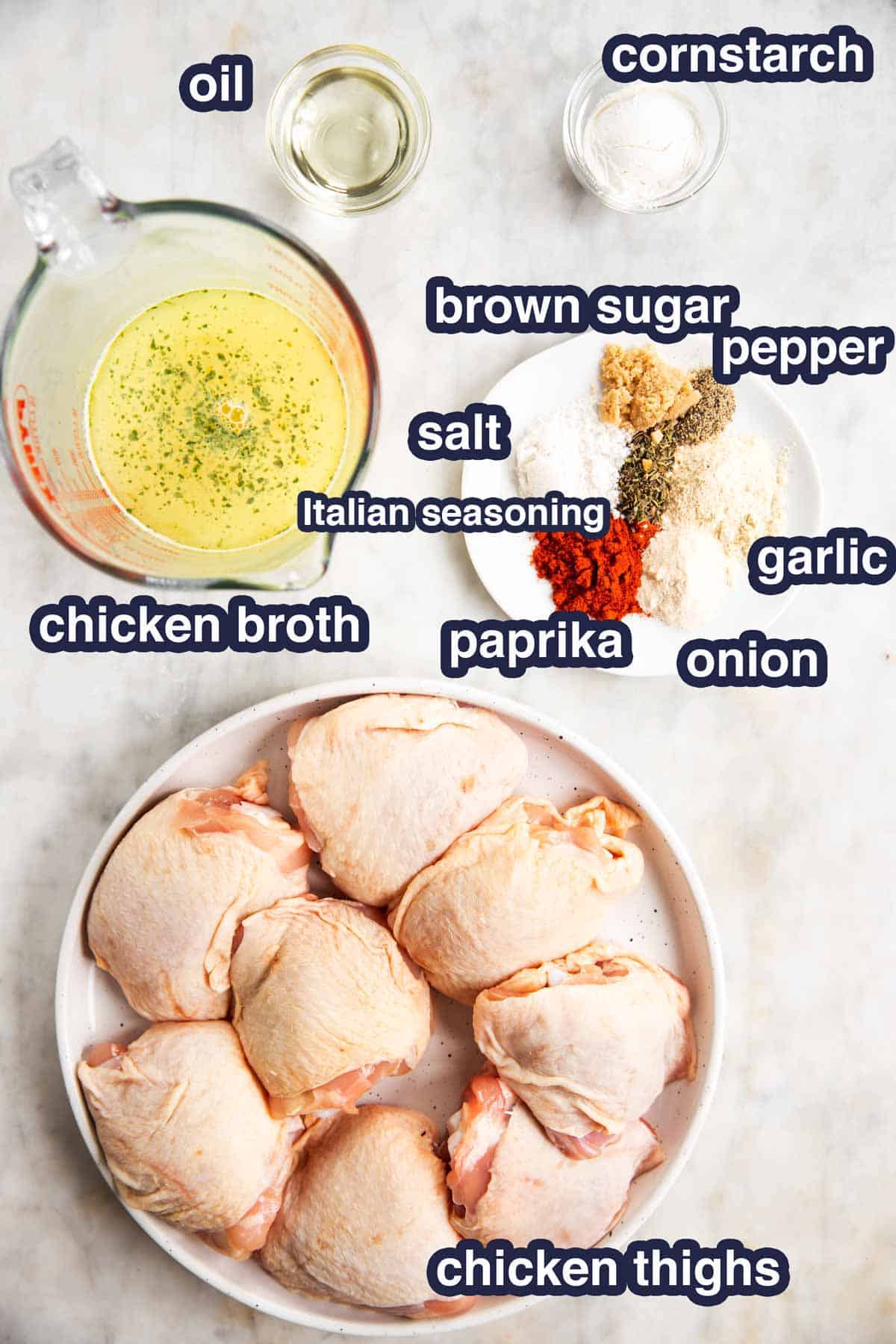 ingredients for instant pot chicken thighs with text labels