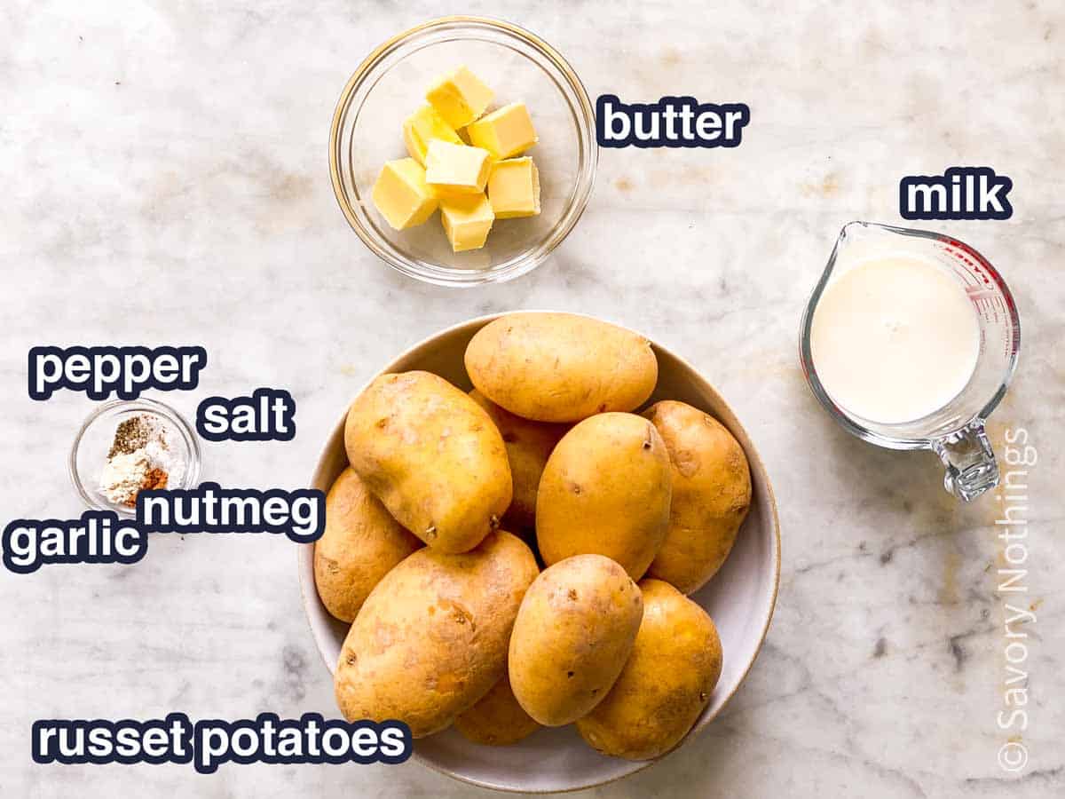 ingredients for instant pot mashed potatoes with text labels