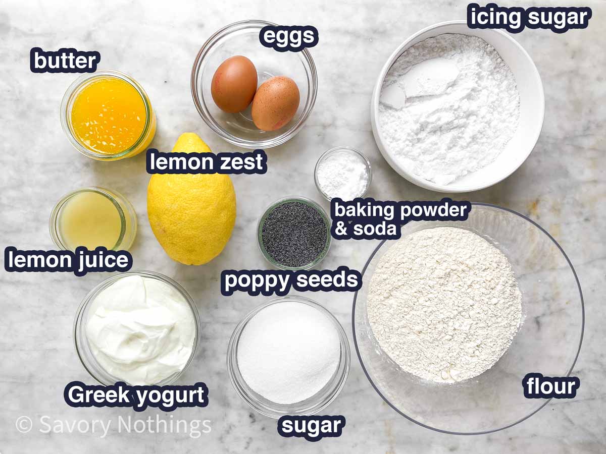 ingredients for lemon poppy seed muffins with text labels
