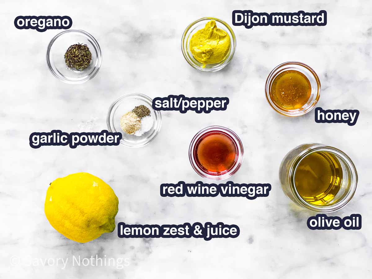 ingredients for lemon vinaigrette with text labels