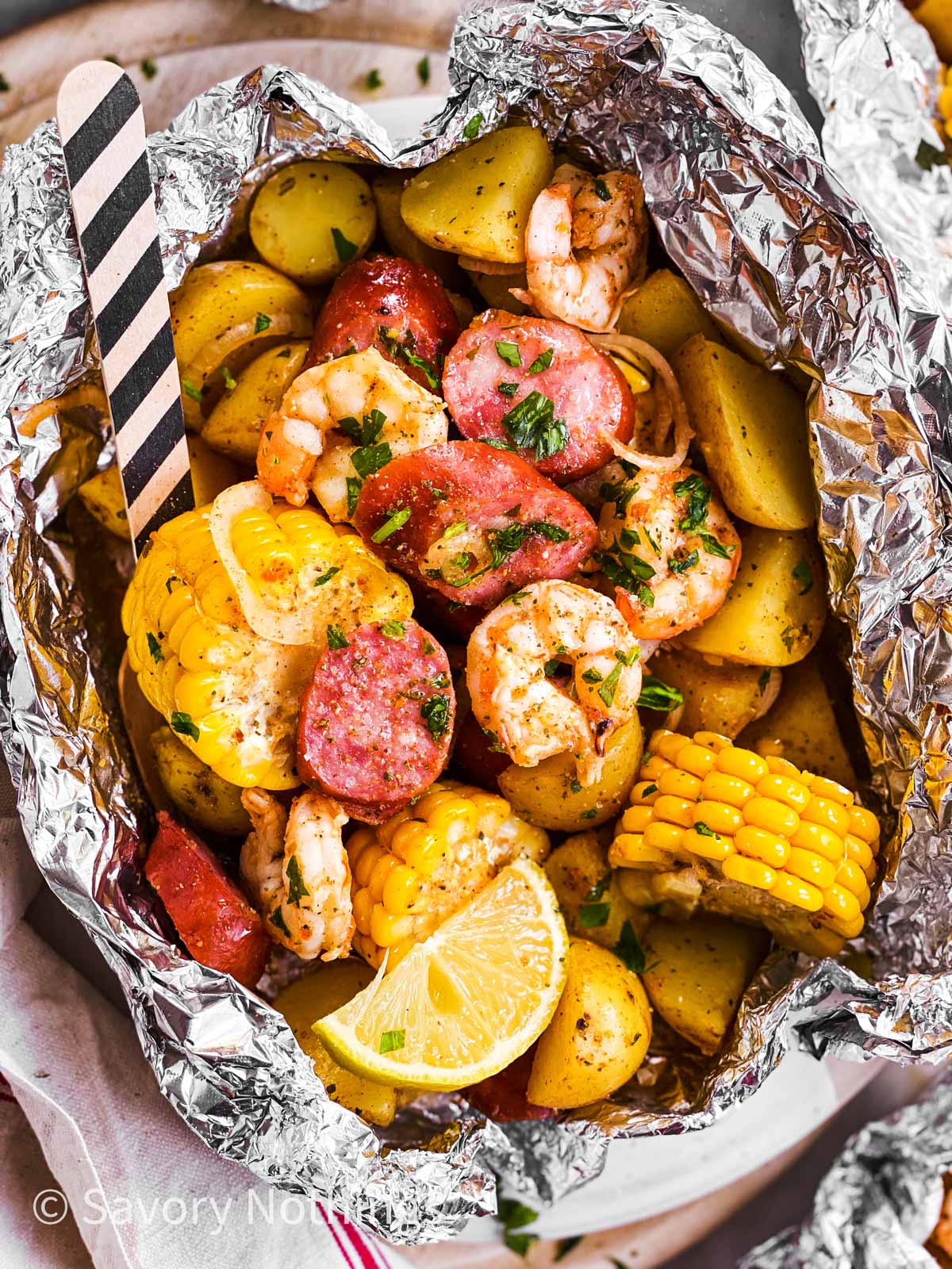 overhead close up of shrimp foil in foil packet