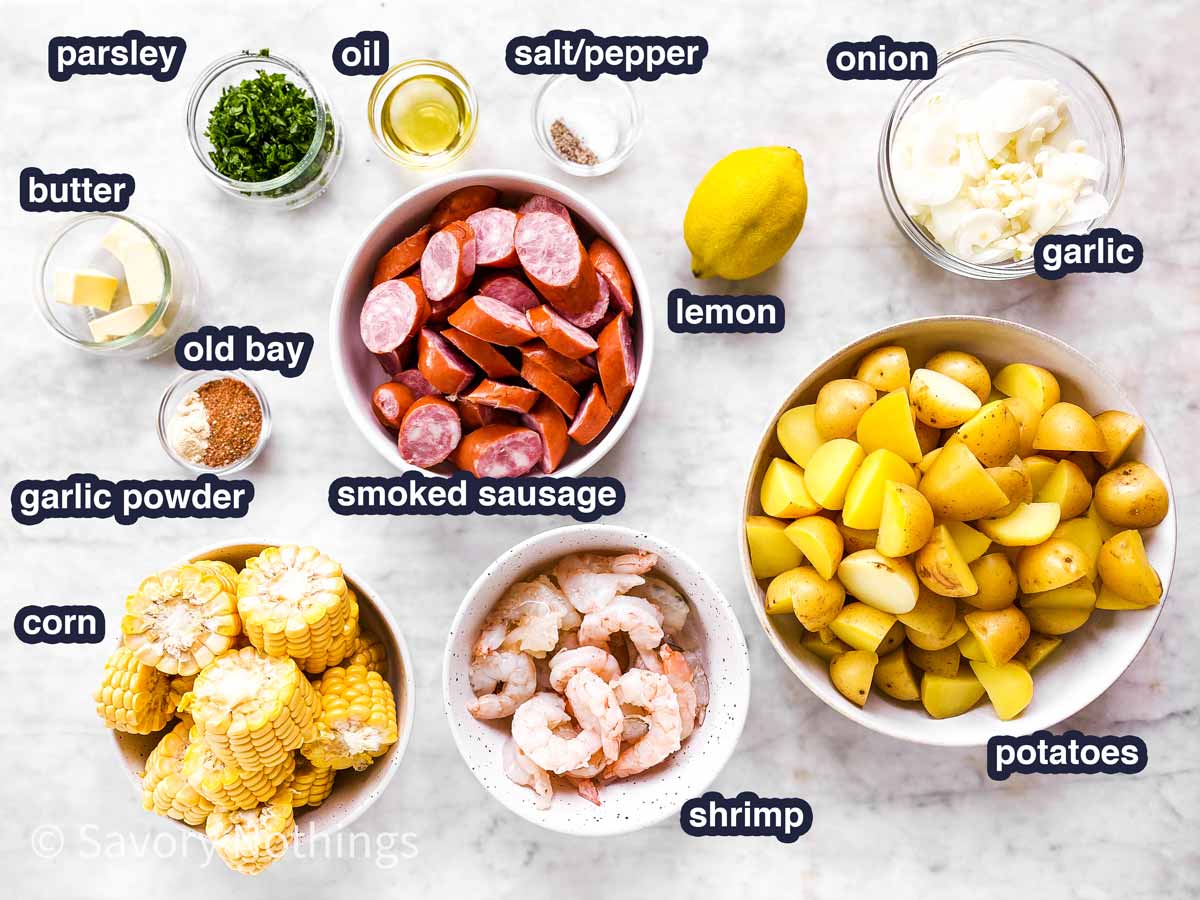 ingredients for shrimp boil foil packets with text labels