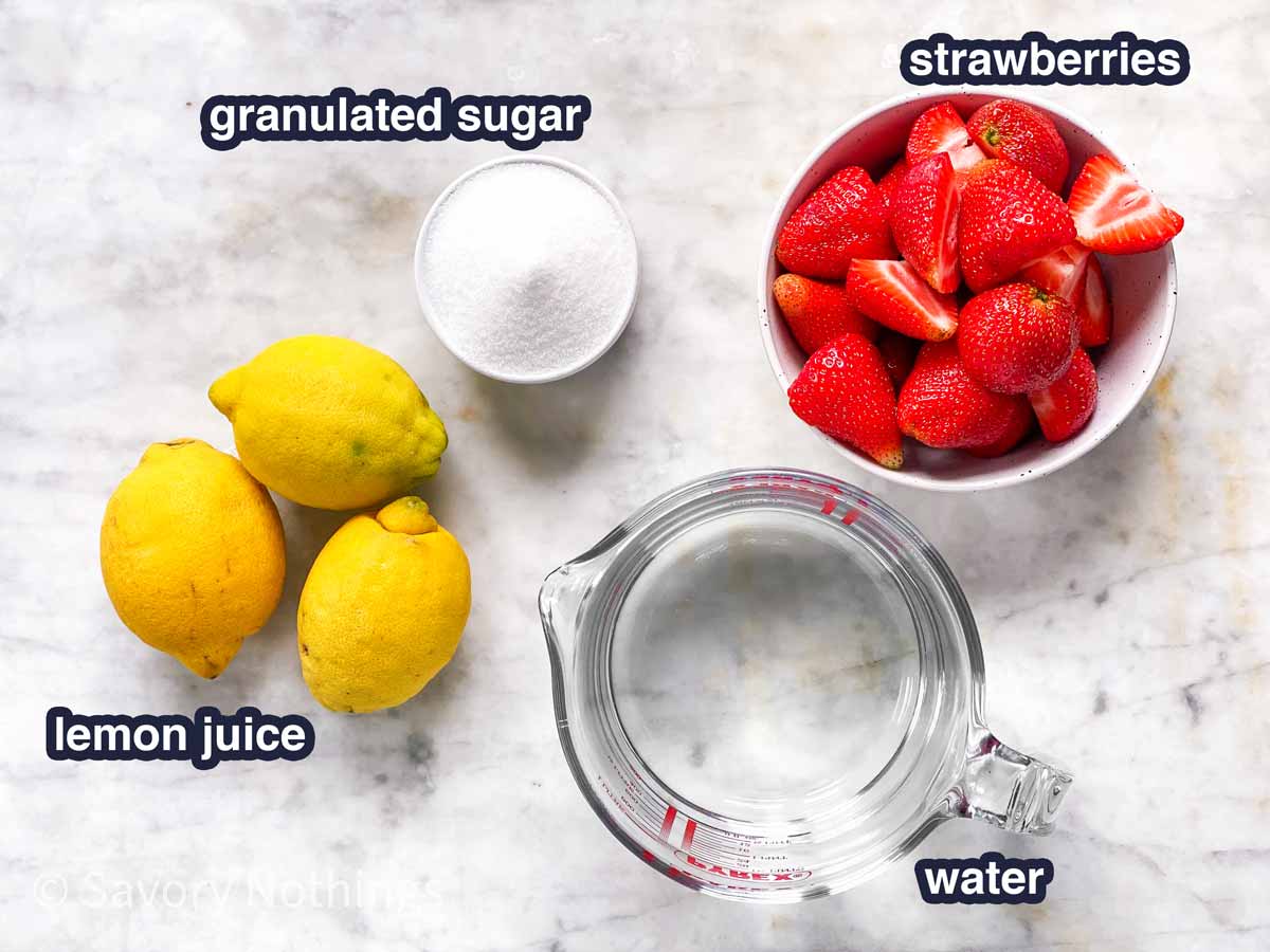 ingredients for strawberry lemonade with text labels