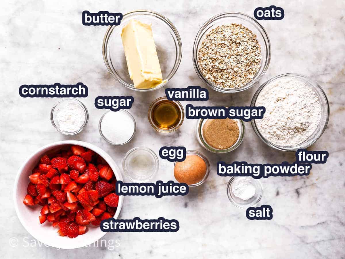 ingredients for strawberry oatmeal bars with text labels