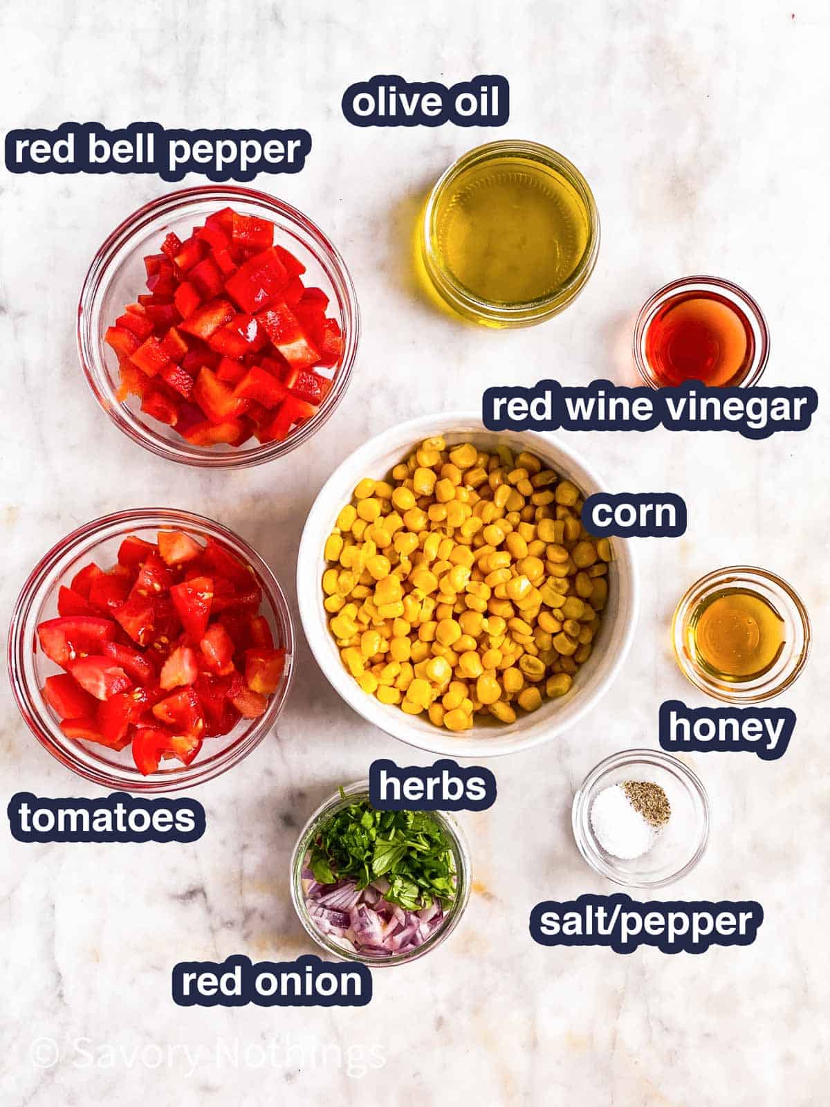 ingredients for summer corn salad with text labels