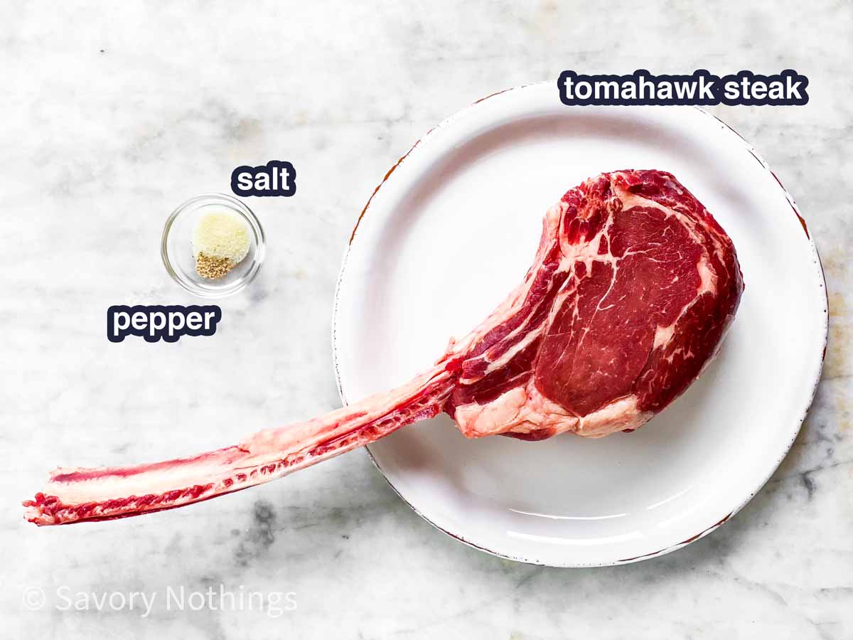 ingredients for grilled tomahawk steak with text labels