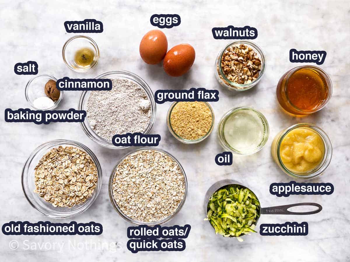 ingredients for zucchini bread breakfast cookies with text labels