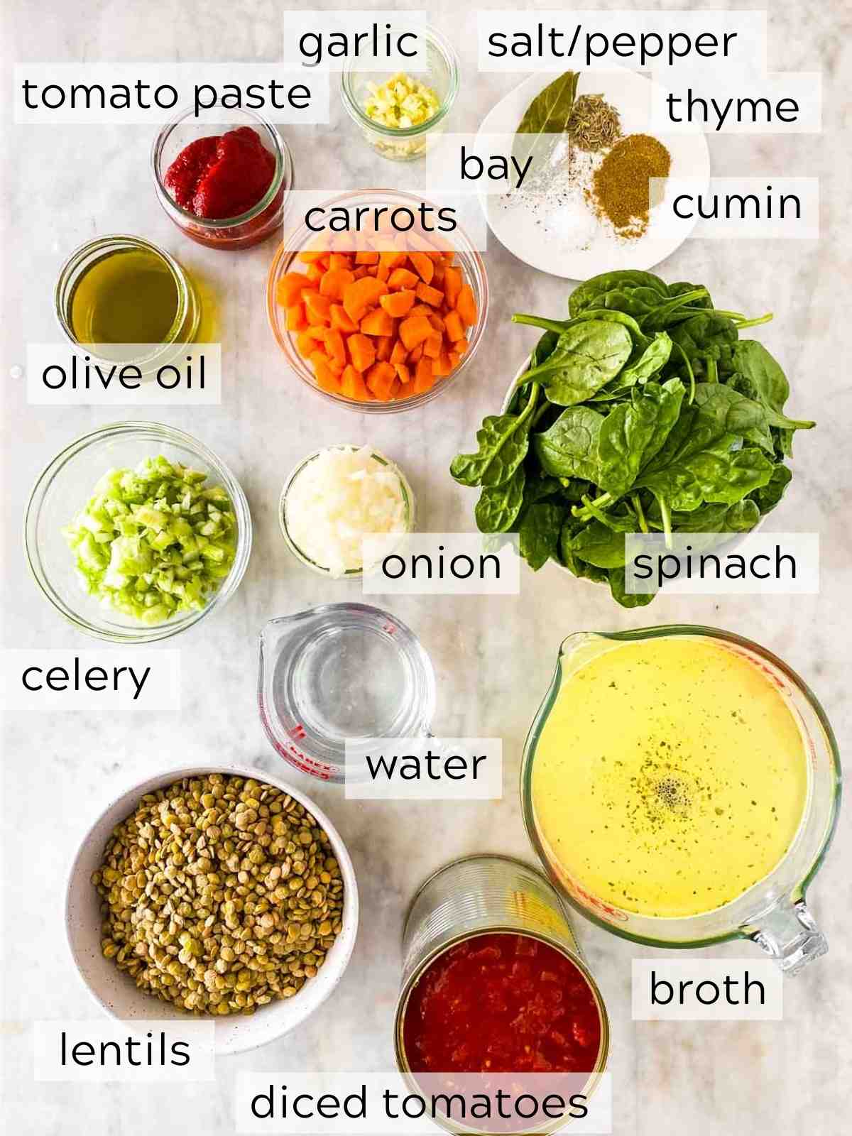 Ingredients to make instant pot lentil soup with text labels